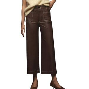 Maeve The Colette Cropped Wide-Leg Pant, Faux-Leather Top-Stitch, Brown, Size 32